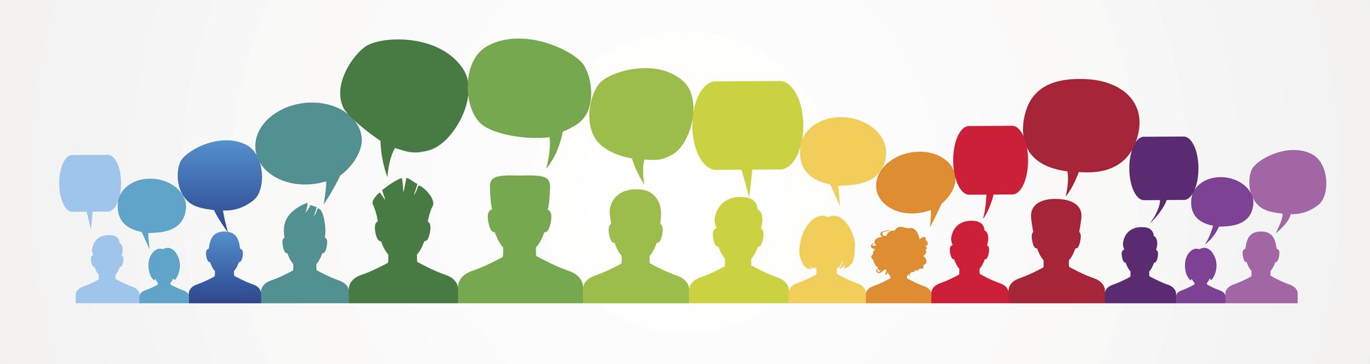 Illustration of people and speech bubbles in various colours and sizes